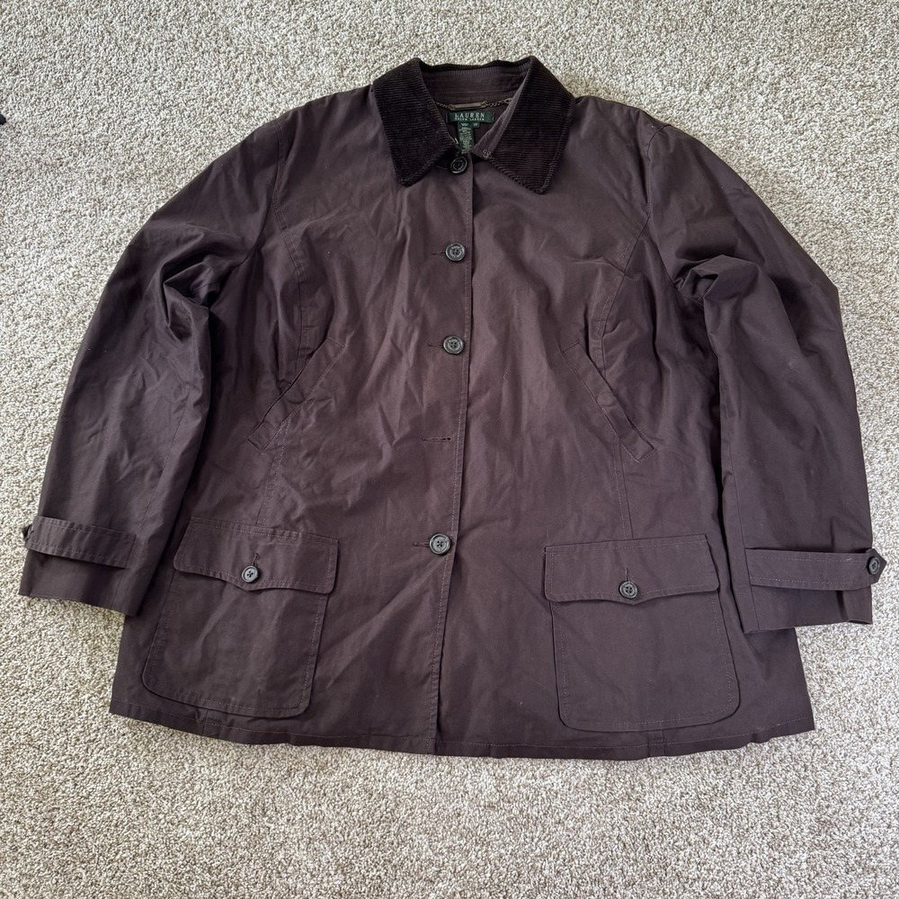 Lauren Ralph Lauren Womens Size 2X Brown Button Up Utility Plaid Lined Jacket